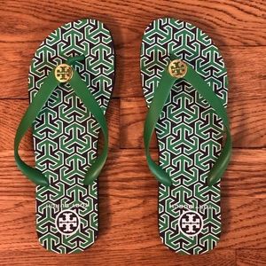 Tory Burch Green & Navy Logo Flip Flops